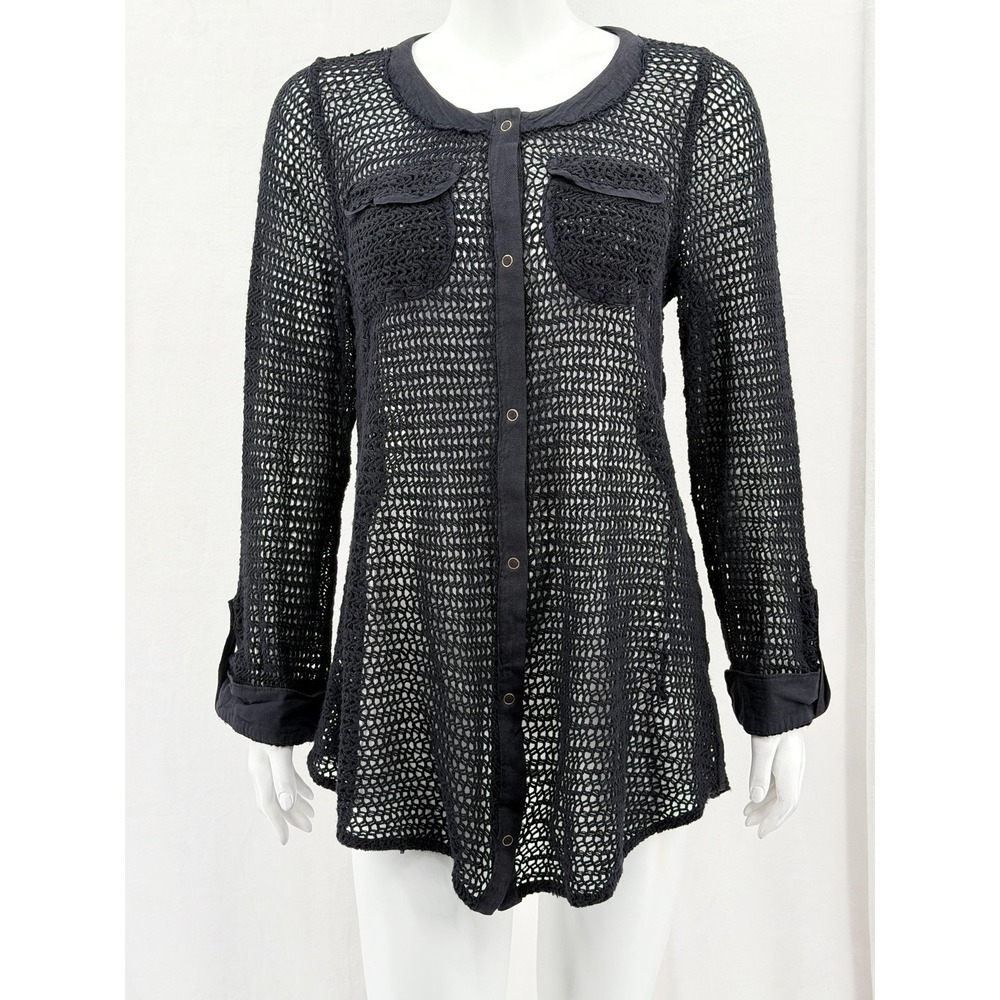 XCVI Top Womens Medium Black Crochet Sheer Button Up‎ Tunic Beach Vacation Lagom